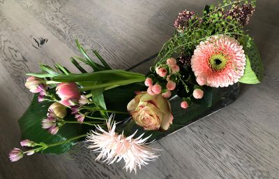 Blumentablett Gerbera witzig und verrück in Szene gesetzt