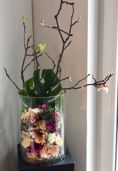 flowerpower gesteck Magnolie Windlicht